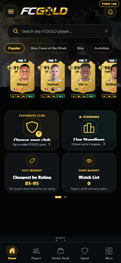 Actual FCGOLD development preview showing search, FC 27 player cards and homepage tools